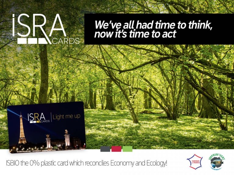 Bannière publicitaire réalisée par ISRA pour leur cartes sans plastique avec les logos Imprim'vert et fabriqué en France