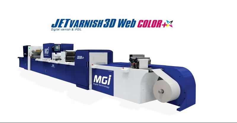 Photo of the JETvarnish 3D Web Color+ digital press from MGI Digital Technology