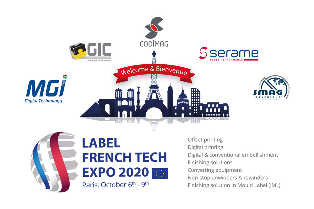 French Tech Expo 2020 logo with information about the event: in Paris from October 6 to 9, organized by MGI, GIC, Codimag, Smag and Serame